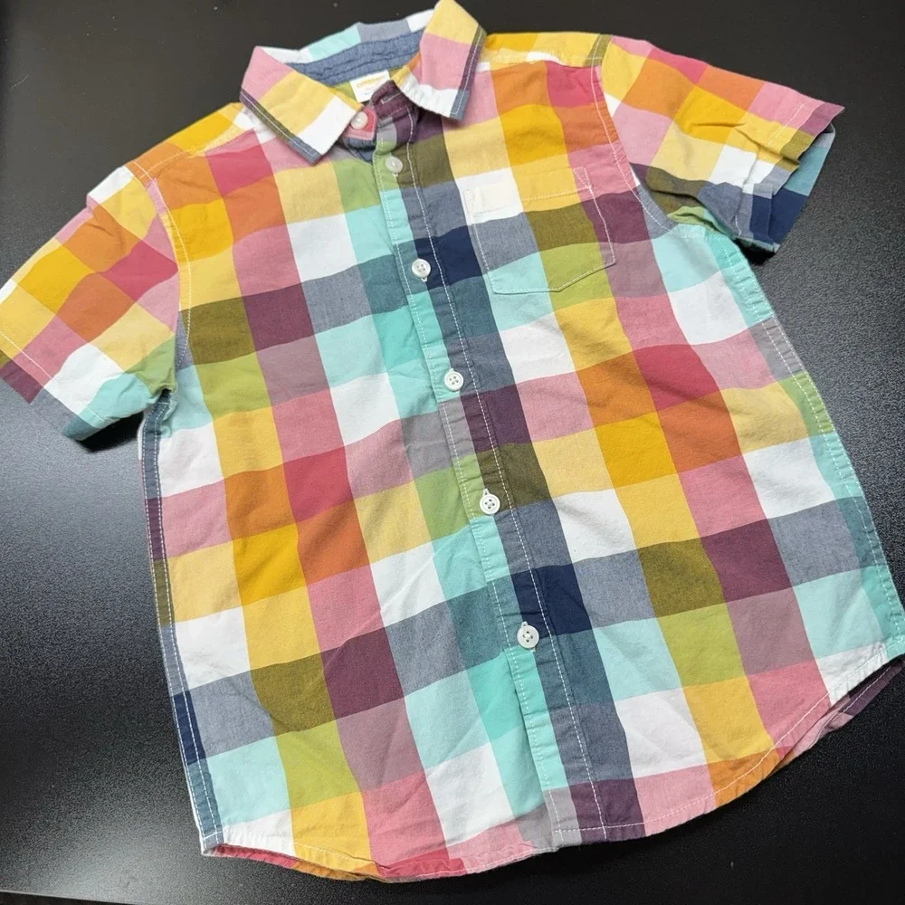 Gymboree Boys Rock Yellow‎ Blue Magenta Checkered Shirt Size S 5/6 Short Sleeve